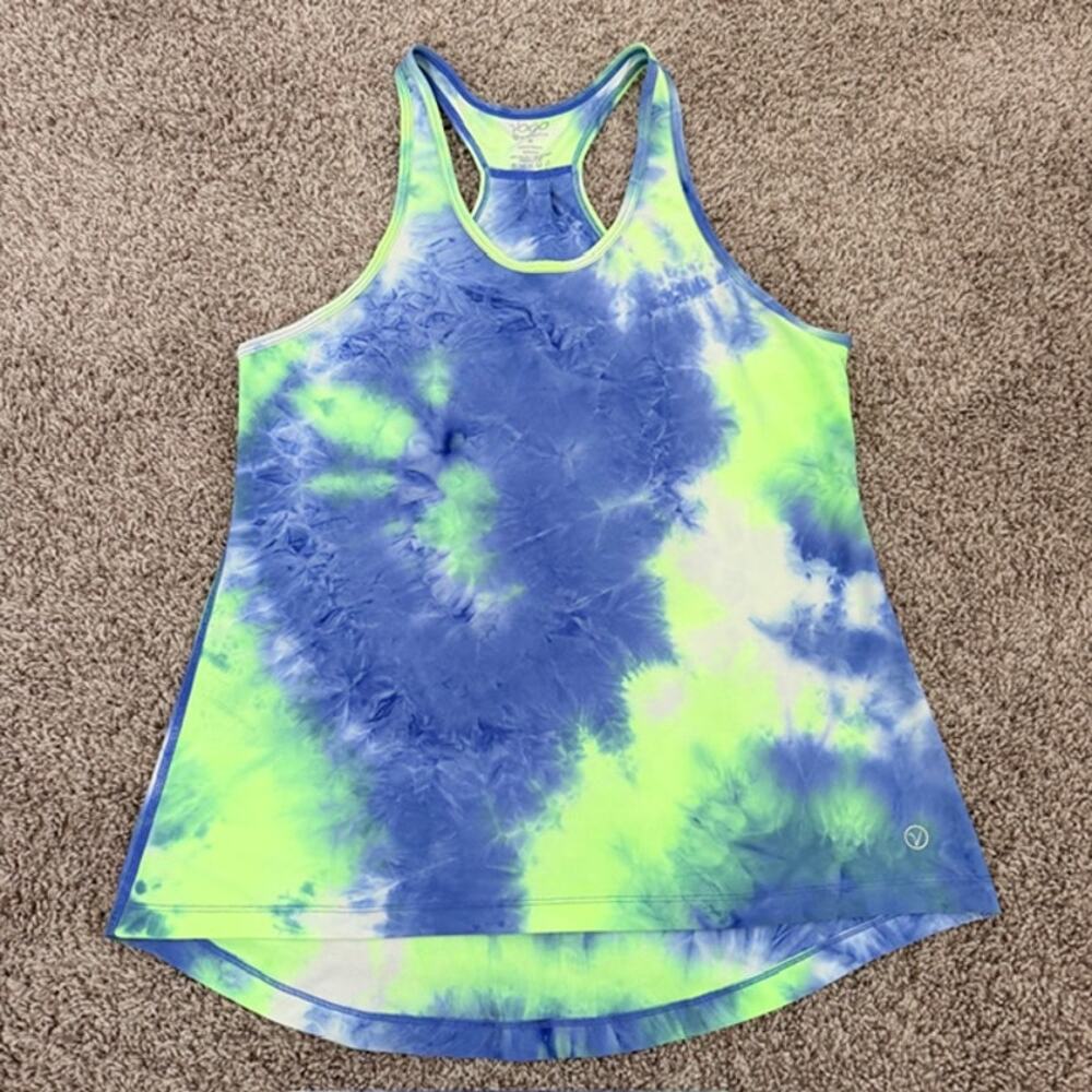 VOGO Athletica Tank Tie Dye Neon Green‎ Blue Scoop Neck High-Low Hem Women's M